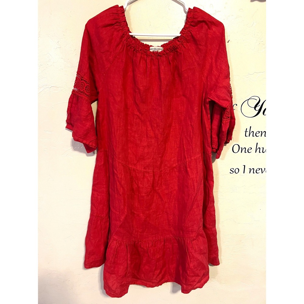 Terzo Millennio Red 100% Linen Tiered Dress Crochet Lace Boho Lagenlook Coastal